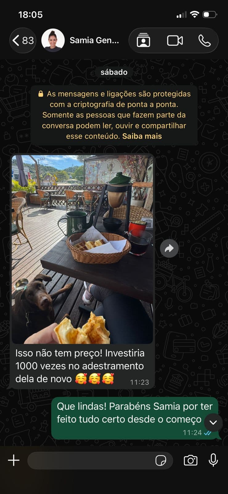 Captura de ecrã do WhatsApp da tutora Samia com a cadela num café, a dizer que voltaria a investir mil vezes no treino