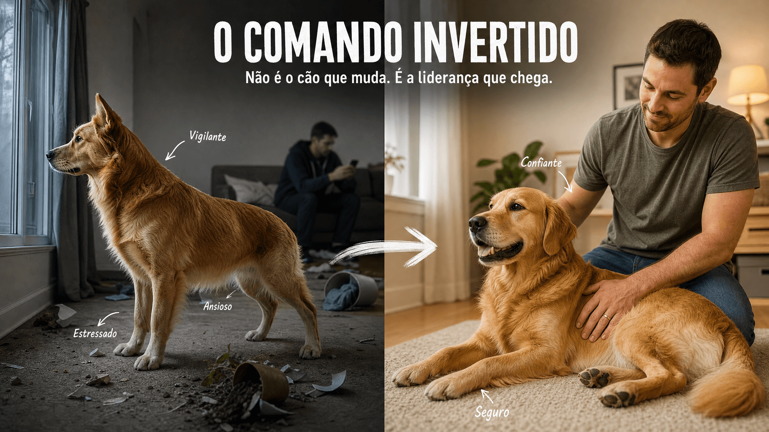 Comparação entre o cão de guarda, tenso e vigilante, a tomar conta de tudo, e o mesmo cão relaxado depois de o tutor se tornar a referência