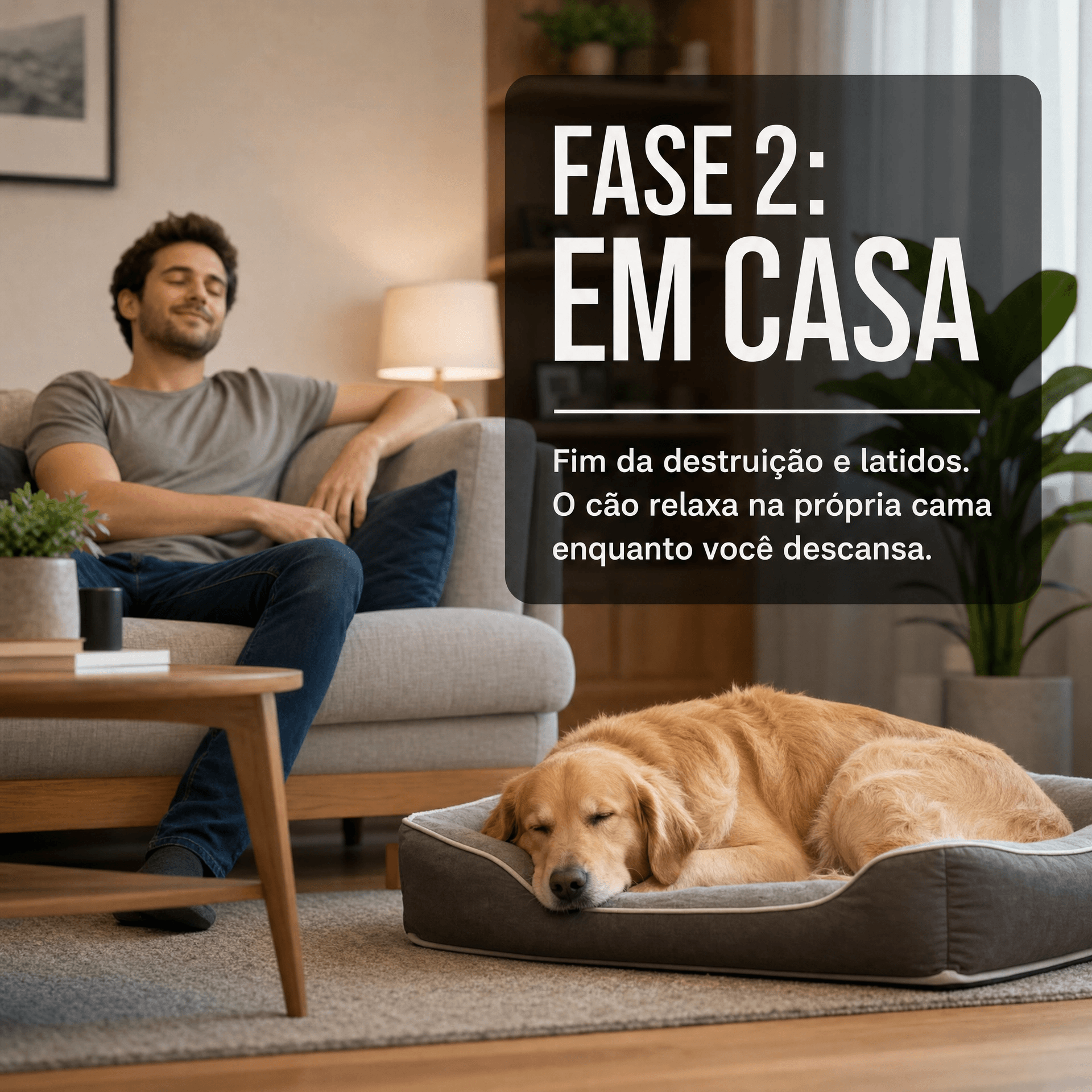Infográfico da Fase 2, Em Casa: o cão senta-se, fica, anda ao lado do tutor e vai para a cama; a destruição e os latidos começam a desaparecer